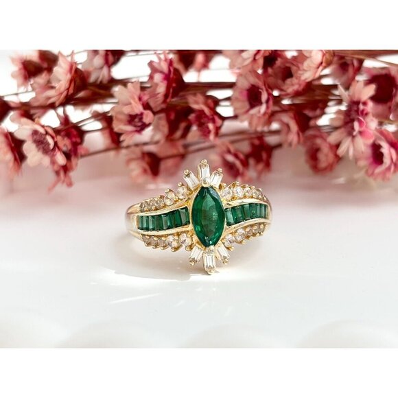 Green Emerald & CZ Wavy Vintage Sterling Silver Gold T Vermeil Ring - sz 10.25 - Picture 3 of 10